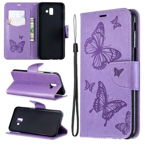 Samsung Galaxy J6 Plus Coque, Saturcase Papillon Gaufrage Pu Cuir Magnétique Flip Portefeuille Support Porte-Carte Protecteur Coque Housse Étui Avec Dragonne Pour Samsung Galaxy J6 Plus 2018 (Violet)