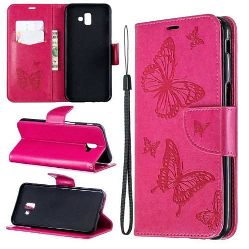Samsung Galaxy J6 Plus Coque, Saturcase Papillon Gaufrage Pu Cuir Magnétique Flip Portefeuille Support Porte-Carte Protecteur Coque Housse Étui Avec Dragonne Pour Samsung Galaxy J6 Plus 2018 (Rose)