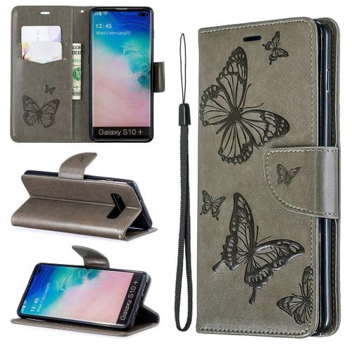Samsung Galaxy S10 Plus Coque, Saturcase Papillon Gaufrage Pu Cuir Magnétique Flip Portefeuille Support Porte-Carte Protecteur Coque Housse Étui Avec Dragonne Pour Samsung Galaxy S10 Plus (Gris)