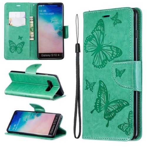 Samsung Galaxy S10 Plus Coque, Saturcase Papillon Gaufrage Pu Cuir Magnétique Flip Portefeuille Support Porte-Carte Protecteur Coque Housse Étui Avec Dragonne Pour Samsung Galaxy S10 Plus (Vert)