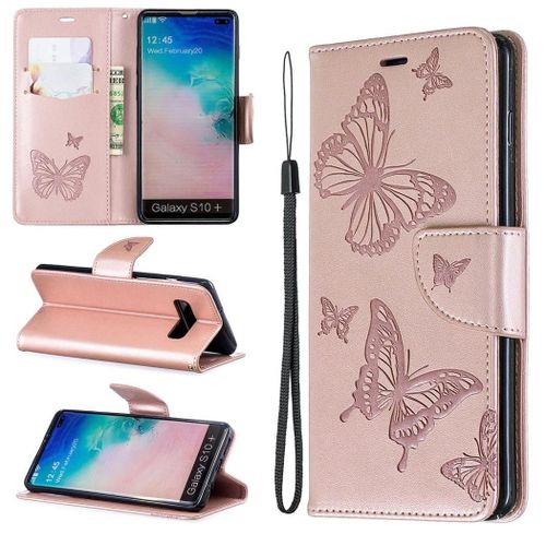 Samsung Galaxy S10 Plus Coque, Saturcase Papillon Gaufrage Pu Cuir Magnétique Flip Portefeuille Support Porte-Carte Protecteur Coque Housse Étui Avec Dragonne Pour Samsung Galaxy S10 Plus (Or)