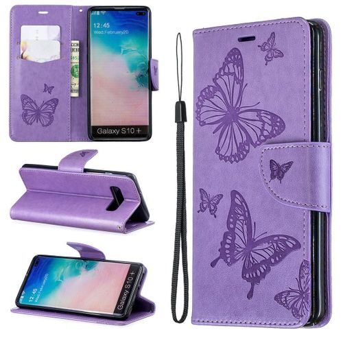 Samsung Galaxy S10 Plus Coque, Saturcase Papillon Gaufrage Pu Cuir Magnétique Flip Portefeuille Support Porte-Carte Protecteur Coque Housse Étui Avec Dragonne Pour Samsung Galaxy S10 Plus (Violet)