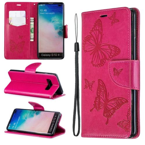Samsung Galaxy S10 Plus Coque, Saturcase Papillon Gaufrage Pu Cuir Magnétique Flip Portefeuille Support Porte-Carte Protecteur Coque Housse Étui Avec Dragonne Pour Samsung Galaxy S10 Plus (Rose)