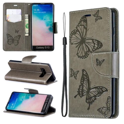 Samsung Galaxy S10 Coque, Saturcase Papillon Gaufrage Pu Cuir Magnétique Flip Portefeuille Support Porte-Carte Protecteur Coque Housse Étui Avec Dragonne Pour Samsung Galaxy S10 (Gris)