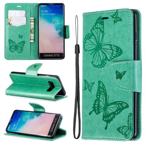 Samsung Galaxy S10 Coque, Saturcase Papillon Gaufrage Pu Cuir Magnétique Flip Portefeuille Support Porte-Carte Protecteur Coque Housse Étui Avec Dragonne Pour Samsung Galaxy S10 (Vert)