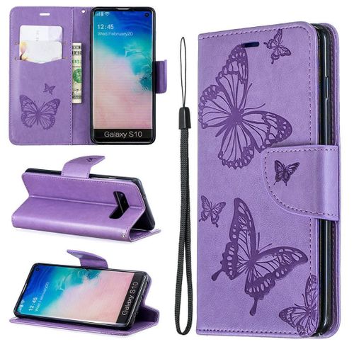 Samsung Galaxy S10 Coque, Saturcase Papillon Gaufrage Pu Cuir Magnétique Flip Portefeuille Support Porte-Carte Protecteur Coque Housse Étui Avec Dragonne Pour Samsung Galaxy S10 (Violet)