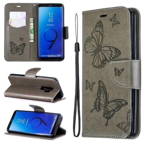 Samsung Galaxy S9 Plus Coque, Saturcase Papillon Gaufrage Pu Cuir Magnétique Flip Portefeuille Support Porte-Carte Protecteur Coque Housse Étui Avec Dragonne Pour Samsung Galaxy S9 Plus (Gris)