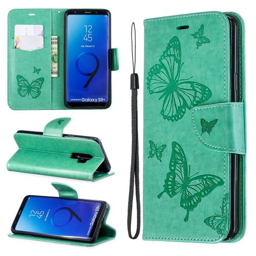 Samsung Galaxy S9 Plus Coque, Saturcase Papillon Gaufrage Pu Cuir Magnétique Flip Portefeuille Support Porte-Carte Protecteur Coque Housse Étui Avec Dragonne Pour Samsung Galaxy S9 Plus (Vert)