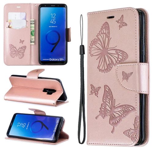 Samsung Galaxy S9 Plus Coque, Saturcase Papillon Gaufrage Pu Cuir Magnétique Flip Portefeuille Support Porte-Carte Protecteur Coque Housse Étui Avec Dragonne Pour Samsung Galaxy S9 Plus (Or)