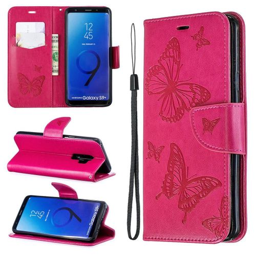 Samsung Galaxy S9 Plus Coque, Saturcase Papillon Gaufrage Pu Cuir Magnétique Flip Portefeuille Support Porte-Carte Protecteur Coque Housse Étui Avec Dragonne Pour Samsung Galaxy S9 Plus (Rose)