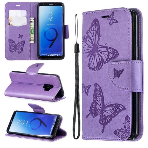 Samsung Galaxy S9 Coque, Saturcase Papillon Gaufrage Pu Cuir Magnétique Flip Portefeuille Support Porte-Carte Protecteur Coque Housse Étui Avec Dragonne Pour Samsung Galaxy S9 (Violet)