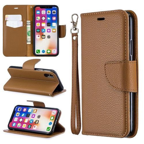 Apple Iphone X / Xs Coque, Saturcase Litchi Pu Cuir Magnétique Flip Portefeuille Support Porte-Carte Protecteur Coque Housse Étui Avec Dragonne Pour Apple Iphone X / Xs (Marron)