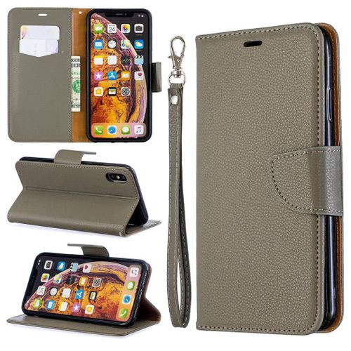 Apple Iphone Xs Max Coque, Saturcase Litchi Pu Cuir Magnétique Flip Portefeuille Support Porte-Carte Protecteur Coque Housse Étui Avec Dragonne Pour Apple Iphone Xs Max (Gris)