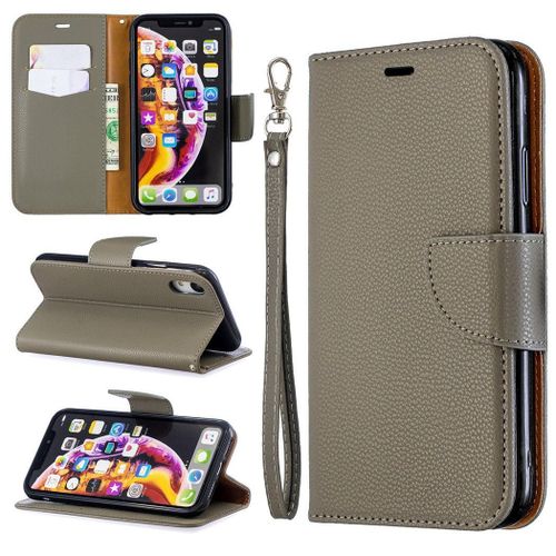 Apple Iphone Xr Coque, Saturcase Litchi Pu Cuir Magnétique Flip Portefeuille Support Porte-Carte Protecteur Coque Housse Étui Avec Dragonne Pour Apple Iphone Xr (Gris)