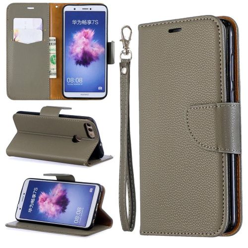 Huawei P Smart (2017) Coque, Saturcase Litchi Pu Cuir Magnétique Flip Portefeuille Support Porte-Carte Protecteur Coque Housse Étui Avec Dragonne Pour Huawei P Smart (2017) (Gris)