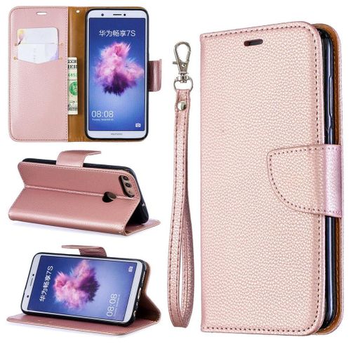 Huawei P Smart (2017) Coque, Saturcase Litchi Pu Cuir Magnétique Flip Portefeuille Support Porte-Carte Protecteur Coque Housse Étui Avec Dragonne Pour Huawei P Smart (2017) (Or)