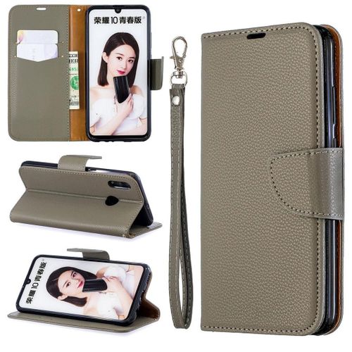 Huawei P Smart (2019) Coque, Saturcase Litchi Pu Cuir Magnétique Flip Portefeuille Support Porte-Carte Protecteur Coque Housse Étui Avec Dragonne Pour Huawei P Smart (2019) / Honor 10 Lite (Gris)