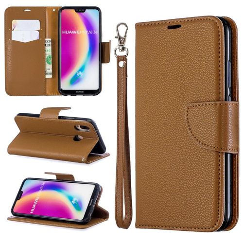 Huawei P20 Lite Coque, Saturcase Litchi Pu Cuir Magnétique Flip Portefeuille Support Porte-Carte Protecteur Coque Housse Étui Avec Dragonne Pour Huawei P20 Lite (Marron)
