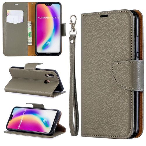 Huawei P20 Lite Coque, Saturcase Litchi Pu Cuir Magnétique Flip Portefeuille Support Porte-Carte Protecteur Coque Housse Étui Avec Dragonne Pour Huawei P20 Lite (Gris)
