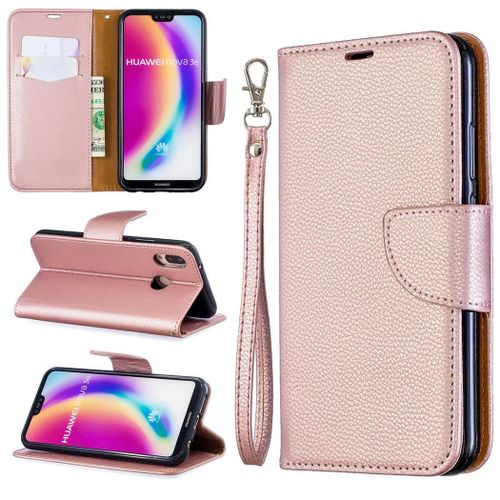 Huawei P20 Lite Coque, Saturcase Litchi Pu Cuir Magnétique Flip Portefeuille Support Porte-Carte Protecteur Coque Housse Étui Avec Dragonne Pour Huawei P20 Lite (Or)