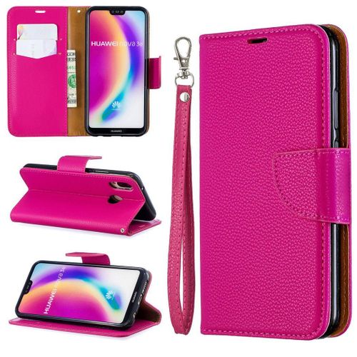 Huawei P20 Lite Coque, Saturcase Litchi Pu Cuir Magnétique Flip Portefeuille Support Porte-Carte Protecteur Coque Housse Étui Avec Dragonne Pour Huawei P20 Lite (Rose)