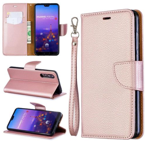 Huawei P20 Pro Coque, Saturcase Litchi Pu Cuir Magnétique Flip Portefeuille Support Porte-Carte Protecteur Coque Housse Étui Avec Dragonne Pour Huawei P20 Pro (Or)
