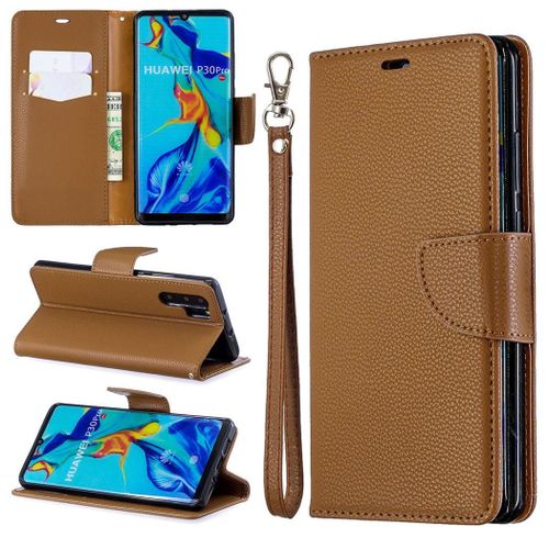 Huawei P30 Pro Coque, Saturcase Litchi Pu Cuir Magnétique Flip Portefeuille Support Porte-Carte Protecteur Coque Housse Étui Avec Dragonne Pour Huawei P30 Pro (Marron)