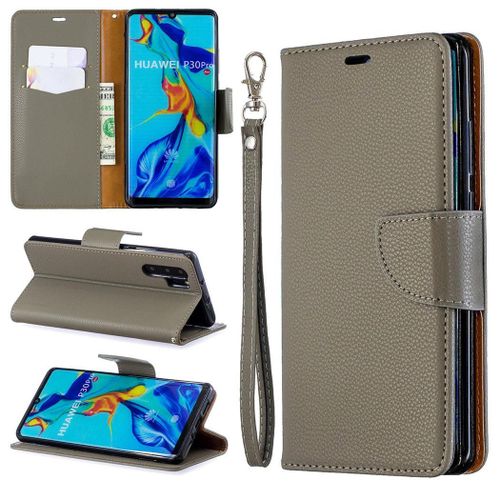 Huawei P30 Pro Coque, Saturcase Litchi Pu Cuir Magnétique Flip Portefeuille Support Porte-Carte Protecteur Coque Housse Étui Avec Dragonne Pour Huawei P30 Pro (Gris)