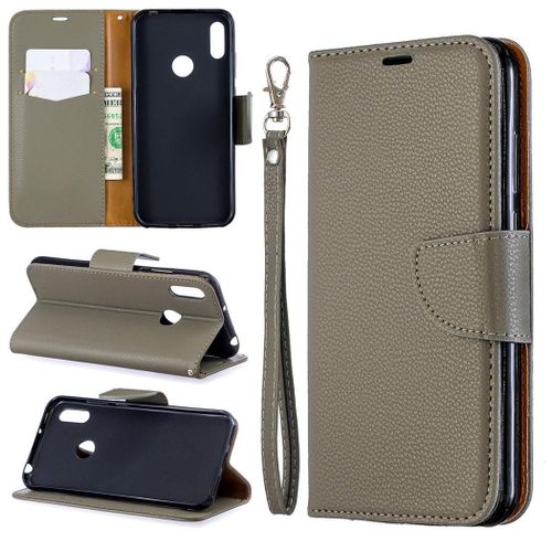 Huawei Y6 2019 Coque, Saturcase Litchi Pu Cuir Magnétique Flip Portefeuille Support Porte-Carte Protecteur Coque Housse Étui Avec Dragonne Pour Huawei Y6 2019 / Y6 Prime 2019 / Y6 Pro 2019 (Gris)