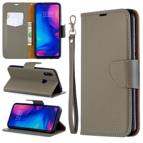 Xiaomi Redmi Note 7 Coque, Saturcase Litchi Pu Cuir Magnétique Flip Portefeuille Support Porte-Carte Protecteur Coque Housse Étui Avec Dragonne Pour Xiaomi Redmi Note 7 (Gris)