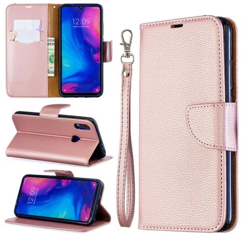 Xiaomi Redmi Note 7 Coque, Saturcase Litchi Pu Cuir Magnétique Flip Portefeuille Support Porte-Carte Protecteur Coque Housse Étui Avec Dragonne Pour Xiaomi Redmi Note 7 (Or)