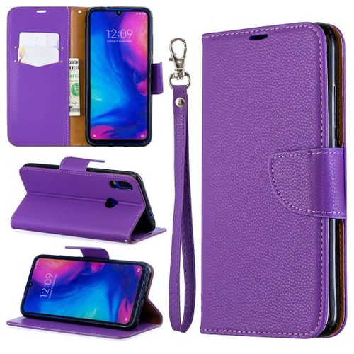 Xiaomi Redmi Note 7 Coque, Saturcase Litchi Pu Cuir Magnétique Flip Portefeuille Support Porte-Carte Protecteur Coque Housse Étui Avec Dragonne Pour Xiaomi Redmi Note 7 (Violet)