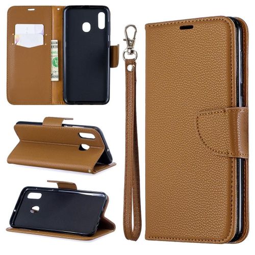 Samsung Galaxy A20 / A30 Coque, Saturcase Litchi Pu Cuir Magnétique Flip Portefeuille Support Porte-Carte Protecteur Coque Housse Étui Avec Dragonne Pour Samsung Galaxy A20 / A30 (Marron)