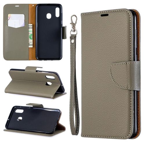 Samsung Galaxy A20 / A30 Coque, Saturcase Litchi Pu Cuir Magnétique Flip Portefeuille Support Porte-Carte Protecteur Coque Housse Étui Avec Dragonne Pour Samsung Galaxy A20 / A30 (Gris)
