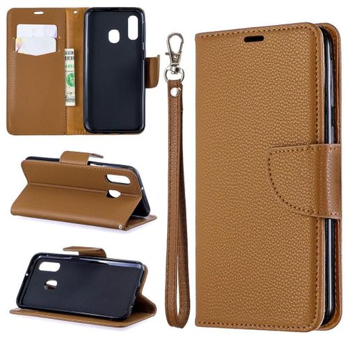 Samsung Galaxy A40 Coque, Saturcase Litchi Pu Cuir Magnétique Flip Portefeuille Support Porte-Carte Protecteur Coque Housse Étui Avec Dragonne Pour Samsung Galaxy A40 (Marron)