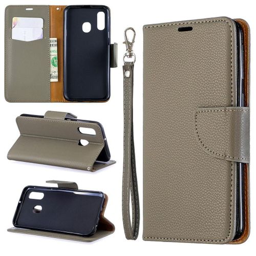 Samsung Galaxy A40 Coque, Saturcase Litchi Pu Cuir Magnétique Flip Portefeuille Support Porte-Carte Protecteur Coque Housse Étui Avec Dragonne Pour Samsung Galaxy A40 (Gris)
