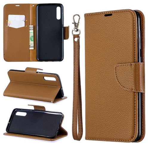 Samsung Galaxy A50 Coque, Saturcase Litchi Pu Cuir Magnétique Flip Portefeuille Support Porte-Carte Protecteur Coque Housse Étui Avec Dragonne Pour Samsung Galaxy A50 (Marron)
