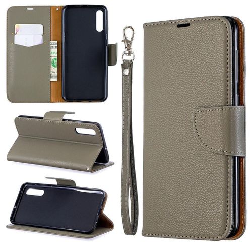Samsung Galaxy A50 Coque, Saturcase Litchi Pu Cuir Magnétique Flip Portefeuille Support Porte-Carte Protecteur Coque Housse Étui Avec Dragonne Pour Samsung Galaxy A50 (Gris)