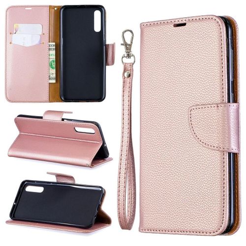Samsung Galaxy A50 Coque, Saturcase Litchi Pu Cuir Magnétique Flip Portefeuille Support Porte-Carte Protecteur Coque Housse Étui Avec Dragonne Pour Samsung Galaxy A50 (Or)
