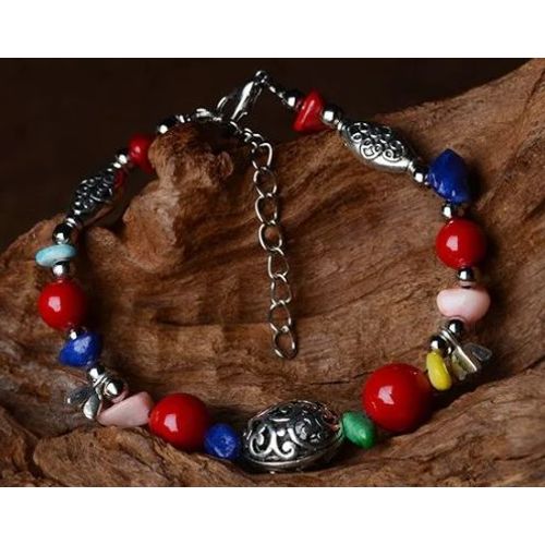 Bracelet Artisanal Et Original Lapis Lazuli Multicolore + Plaqué Argent