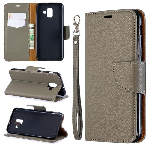 Samsung Galaxy A6 2018 Coque, Saturcase Litchi Pu Cuir Magnétique Flip Portefeuille Support Porte-Carte Protecteur Coque Housse Étui Avec Dragonne Pour Samsung Galaxy A6 2018 (Gris)