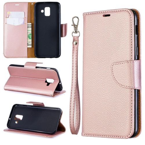 Samsung Galaxy A6 2018 Coque, Saturcase Litchi Pu Cuir Magnétique Flip Portefeuille Support Porte-Carte Protecteur Coque Housse Étui Avec Dragonne Pour Samsung Galaxy A6 2018 (Or)