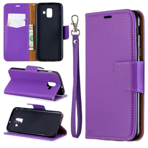 Samsung Galaxy A6 2018 Coque, Saturcase Litchi Pu Cuir Magnétique Flip Portefeuille Support Porte-Carte Protecteur Coque Housse Étui Avec Dragonne Pour Samsung Galaxy A6 2018 (Violet)