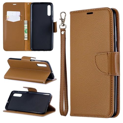 Samsung Galaxy A70 Coque, Saturcase Litchi Pu Cuir Magnétique Flip Portefeuille Support Porte-Carte Protecteur Coque Housse Étui Avec Dragonne Pour Samsung Galaxy A70 (Marron)