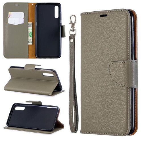 Samsung Galaxy A70 Coque, Saturcase Litchi Pu Cuir Magnétique Flip Portefeuille Support Porte-Carte Protecteur Coque Housse Étui Avec Dragonne Pour Samsung Galaxy A70 (Gris)