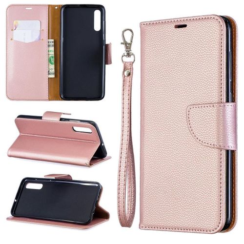 Samsung Galaxy A70 Coque, Saturcase Litchi Pu Cuir Magnétique Flip Portefeuille Support Porte-Carte Protecteur Coque Housse Étui Avec Dragonne Pour Samsung Galaxy A70 (Or)