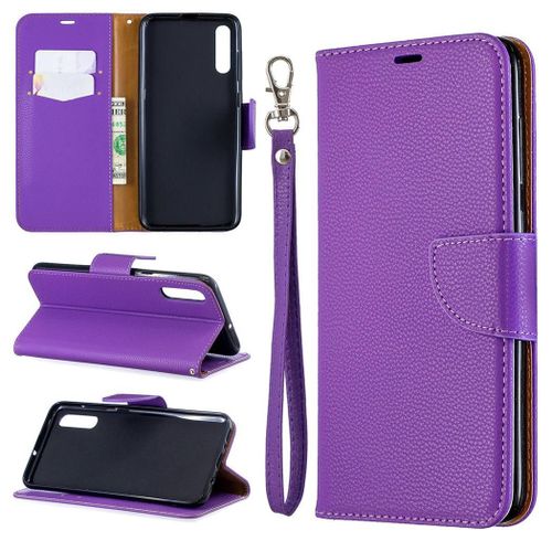 Samsung Galaxy A70 Coque, Saturcase Litchi Pu Cuir Magnétique Flip Portefeuille Support Porte-Carte Protecteur Coque Housse Étui Avec Dragonne Pour Samsung Galaxy A70 (Violet)