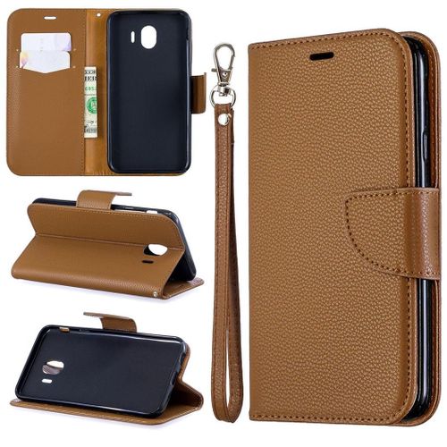 Samsung Galaxy J4 2018 Coque, Saturcase Litchi Pu Cuir Magnétique Flip Portefeuille Support Porte-Carte Protecteur Coque Housse Étui Avec Dragonne Pour Samsung Galaxy J4 2018 (Marron)