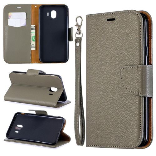 Samsung Galaxy J4 2018 Coque, Saturcase Litchi Pu Cuir Magnétique Flip Portefeuille Support Porte-Carte Protecteur Coque Housse Étui Avec Dragonne Pour Samsung Galaxy J4 2018 (Gris)