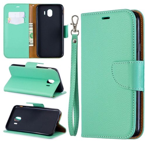 Samsung Galaxy J4 2018 Coque, Saturcase Litchi Pu Cuir Magnétique Flip Portefeuille Support Porte-Carte Protecteur Coque Housse Étui Avec Dragonne Pour Samsung Galaxy J4 2018 (Vert)